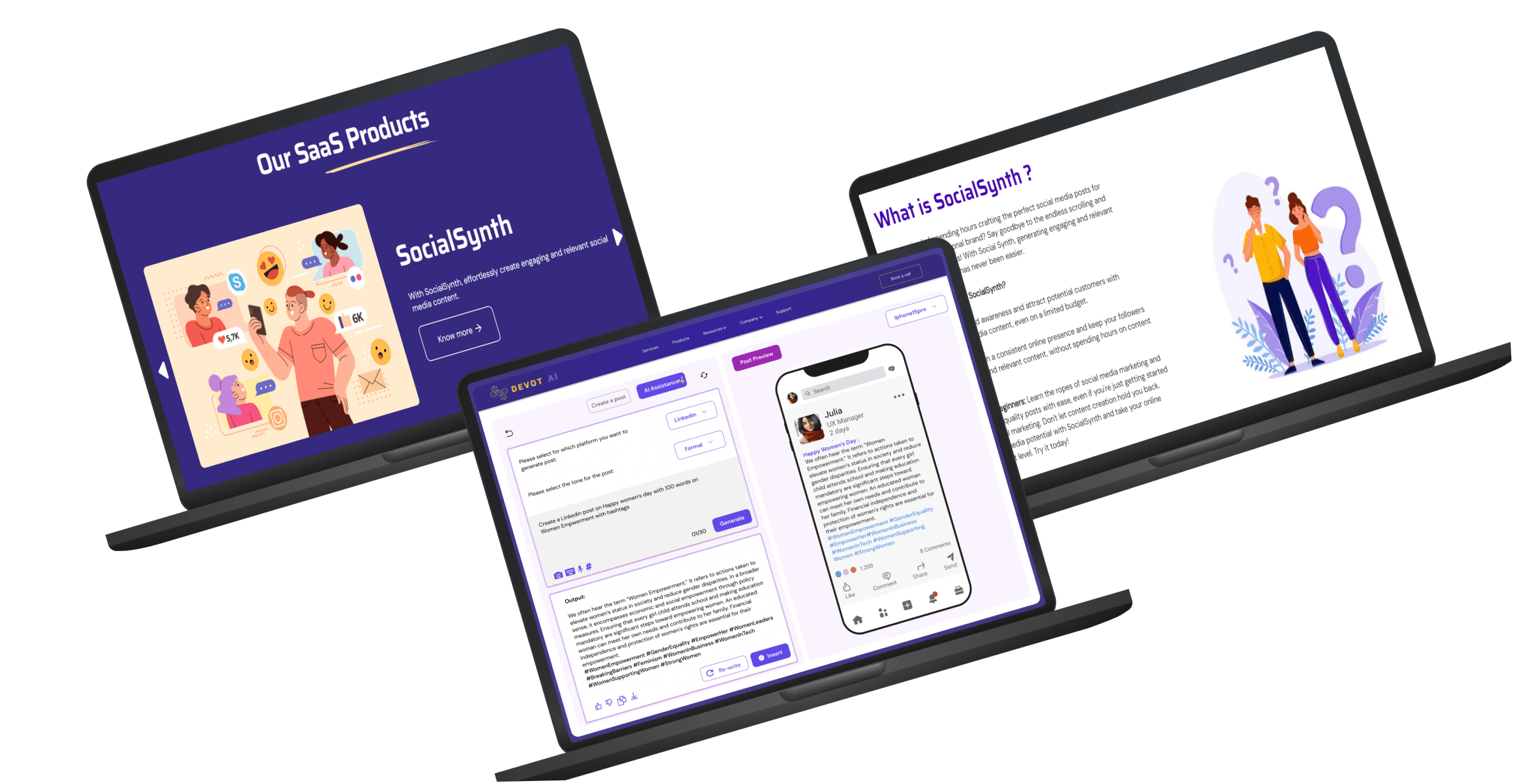SocialSynth web application interface on laptop