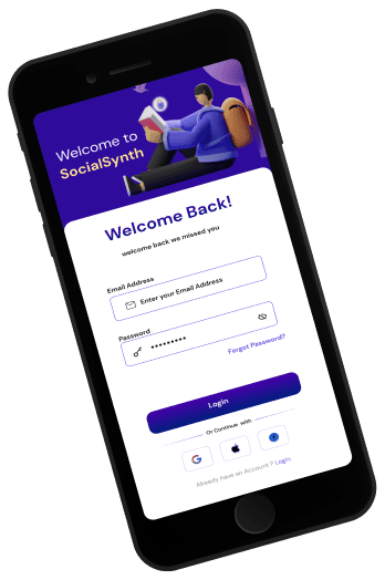 SocialSynth mobile app showing AI content generation features