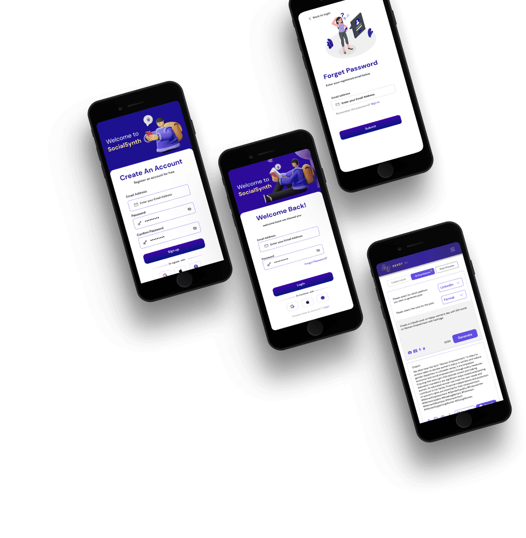 SocialSynth mobile app interface showing AI-powered social media content creation